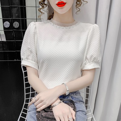 AIYIKU网眼圆领雪纺女式衬衫2023年夏季新款韩版时尚纯色女式T恤